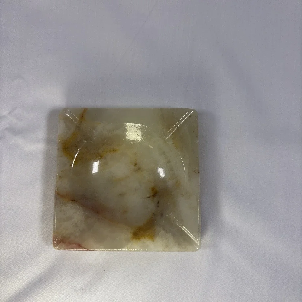 VINTAGE ASHTRAY SOLID MARBLE TAN BROWN LARGE HEAVY 4in Square S2-371